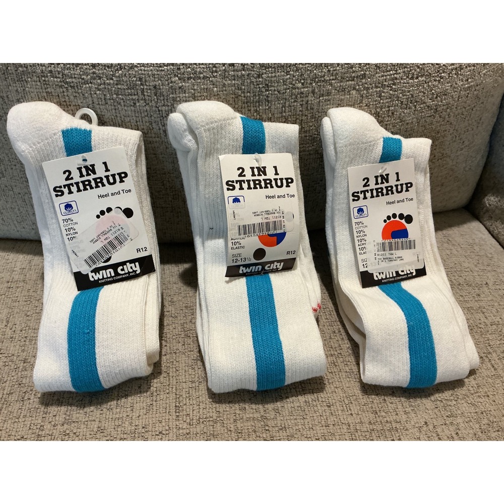 3 Pair Twin City 2 in 1 Stirrup Baseball Socks White Turquoise Blue Size 12-13.5